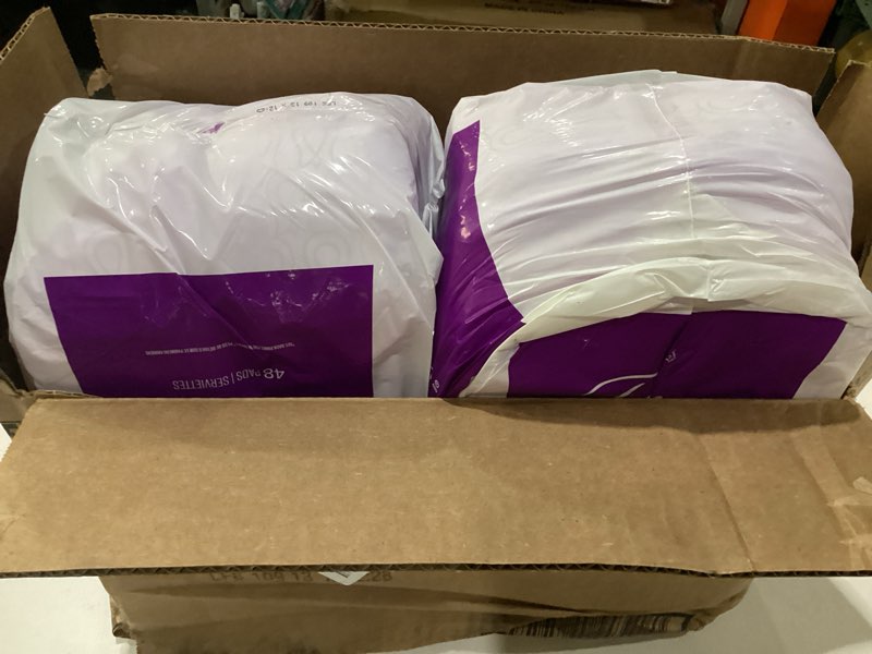 Condition photo showing As Is for poise incontinence & postpartum pads for bladder leaks, 5 drop maximum absorbency, regular length, 96 count, packaging may vary