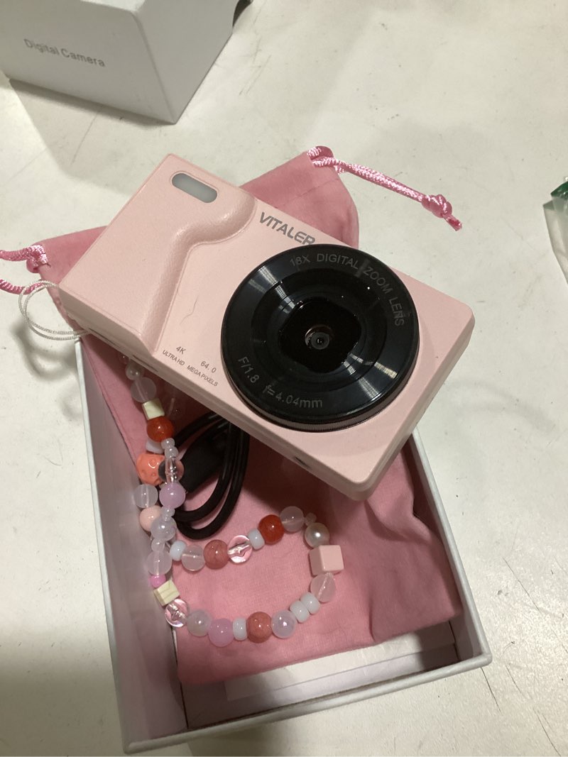 Condition photo showing As Is for digital camera with front rear lens, autofocus 64mp 4k camera for photography with 32gb card, portable compact point and shoot camera for teens adult beginner with metal shell, 2000mah battery pink 64mp with dual lens