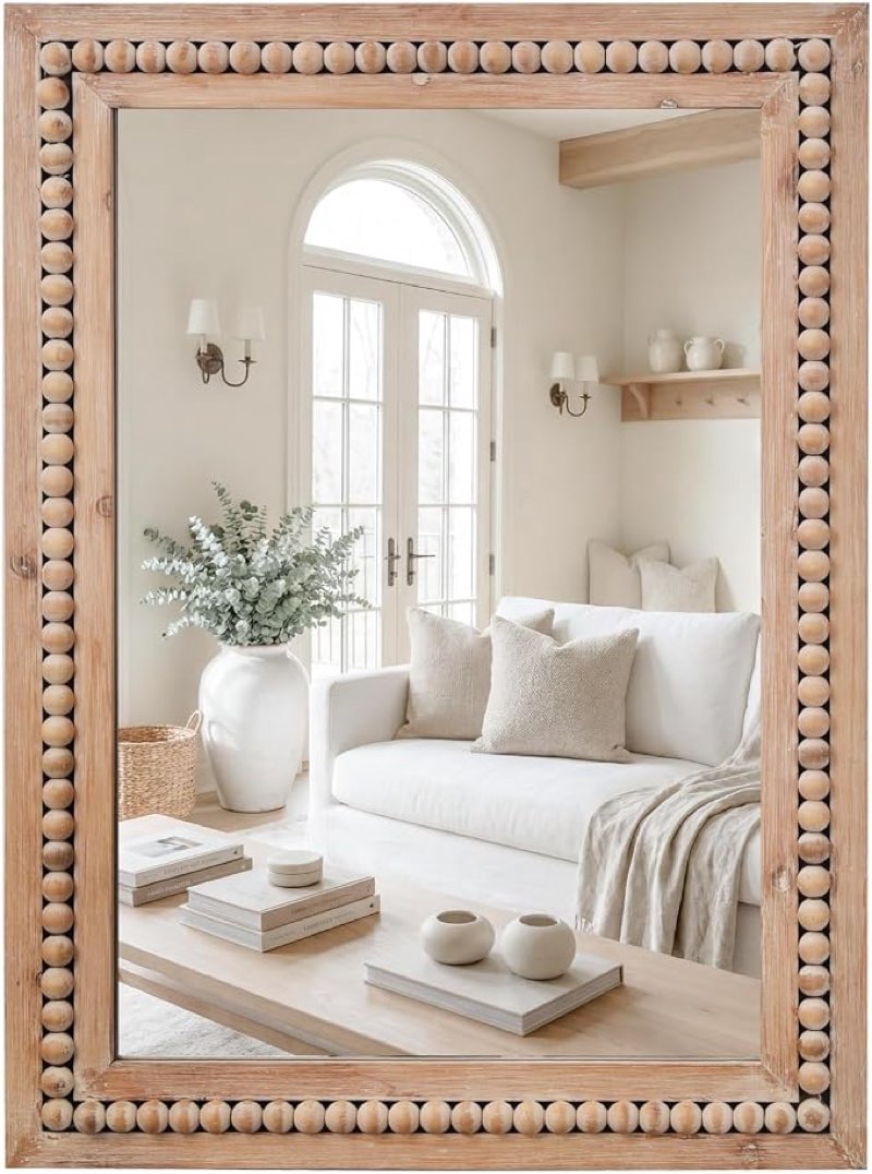 h homewins rustic rectangle mirror,24x36 wooden farmhouse mirrors,boho bathroom wall-mounted nature 