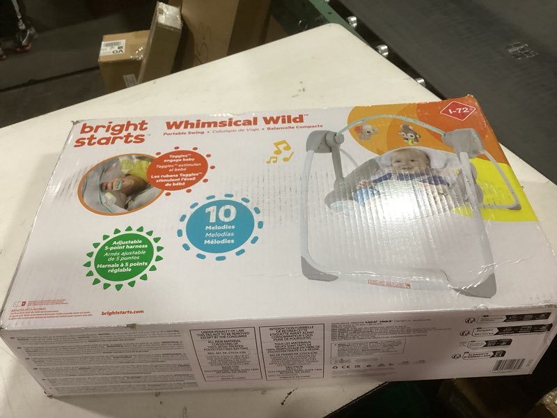 Condition photo showing New/Like New for Bright Starts Portable Automatic 6-Speed Baby Swing with Adaptable Speed, Taggies, Music, Removable-Toy-Bar, 0-9 Months 6-20 lbs (Whimsical Wild)