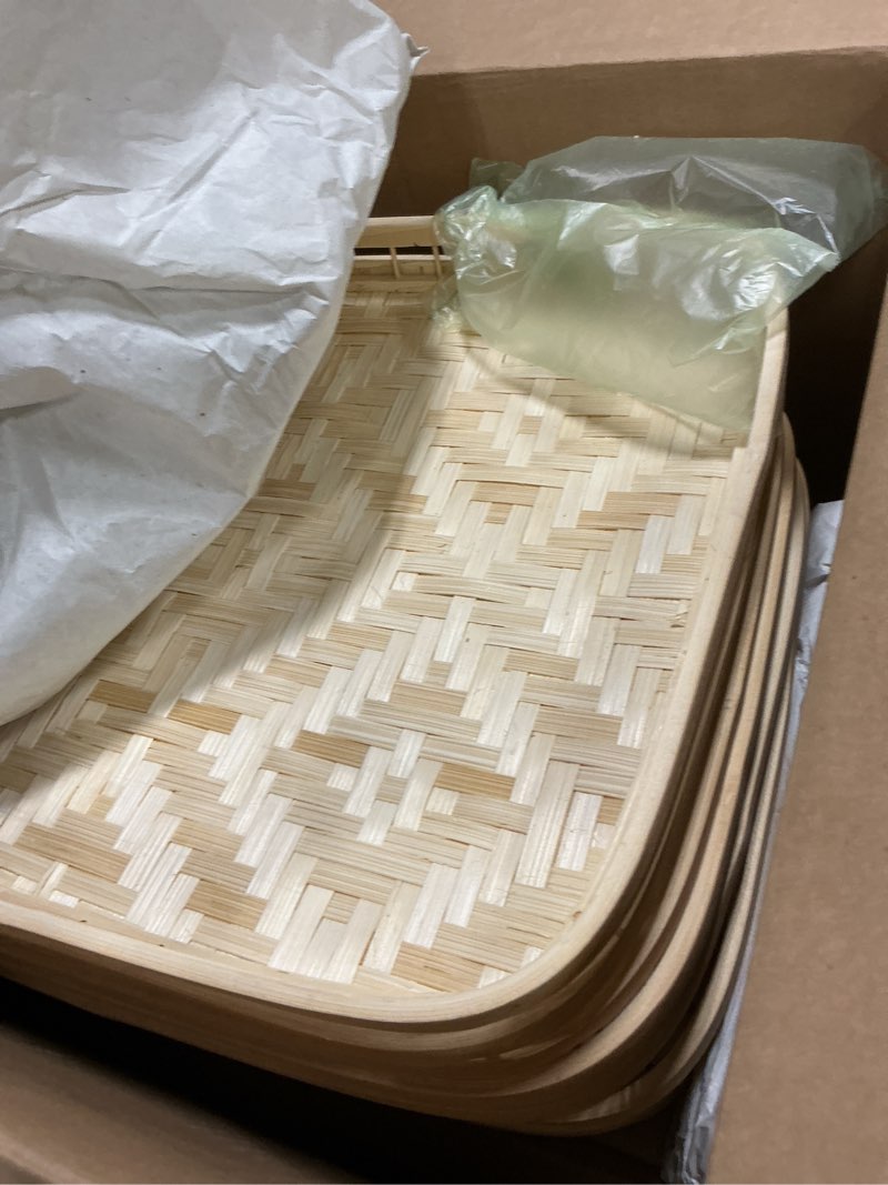 Condition photo showing Good Condition for PEMAR Set of 4 Bamboo Wicker Serving Trays for Foods & Drinks, Rectangular Breakfast Lap Trays with Handles Wooden Decorative Platters for Coffee Table, Bed Eating Standard (16.93"L x 13"W) 4.0