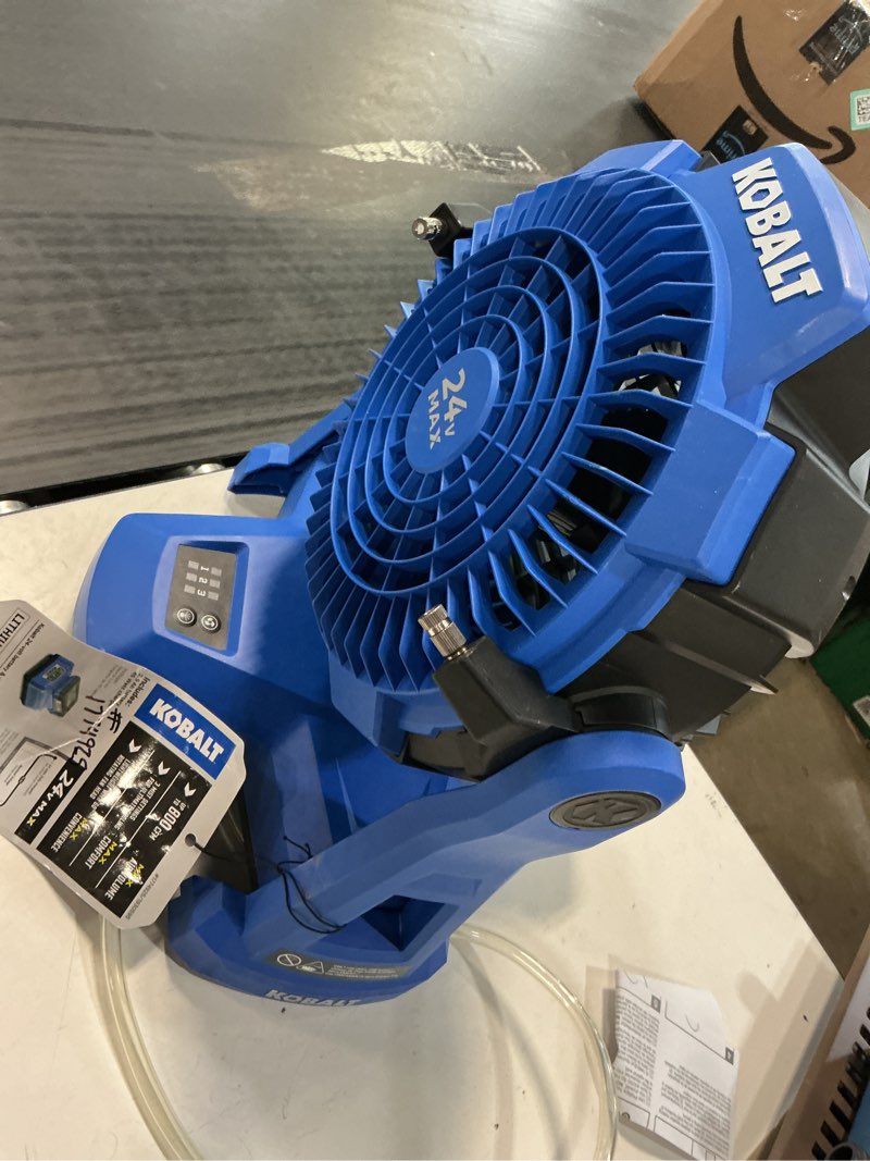 Condition photo showing Good Condition for kobalt 7-in high velocity indoor/outdoor misting floor fan, battery powered, in blue