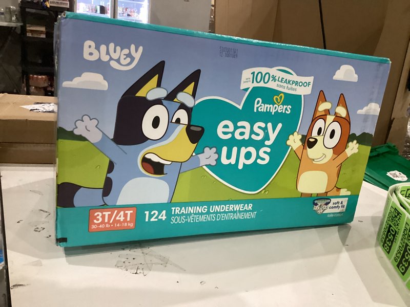 Condition photo showing New/Like New for Pampers Training Pants - Easy Ups Boys & Girls Bluey - Size 3T-4T, 124 Count, Children's Potty Underwear (Packaging May Vary) 3T-4T 124
