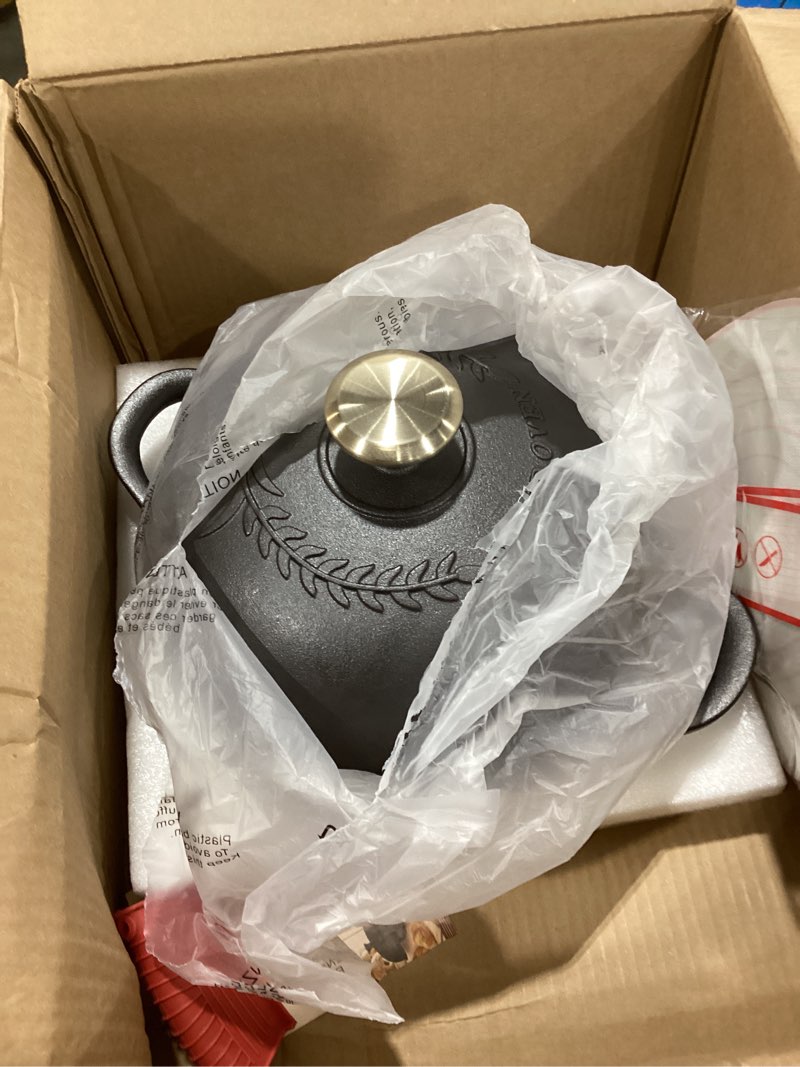 Condition photo showing Good Condition for Dutch Oven Bread Baking Pot with Lid 6QT Enameled Cast Iron Oven, Matte Black Design & Sourdough Kit (Silicone Sling) for Artisan Bread Making