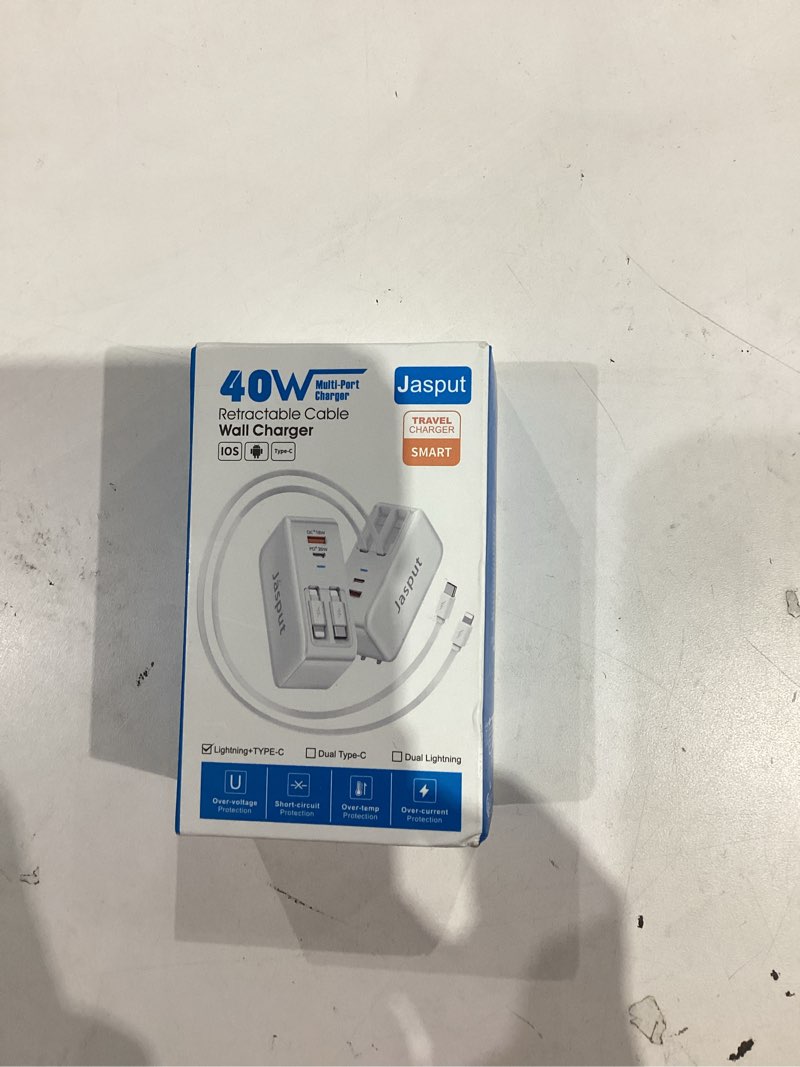 Condition photo showing New/Like New for 4 in 1 retractable wall charger with dual cables,40w retractable phone charger wall plug with dual usb ports,20w usb c chargers block fast charging for iphone 17 16 15 14 13,lg, galaxy s24 23,pixel type-c & lightening cables white