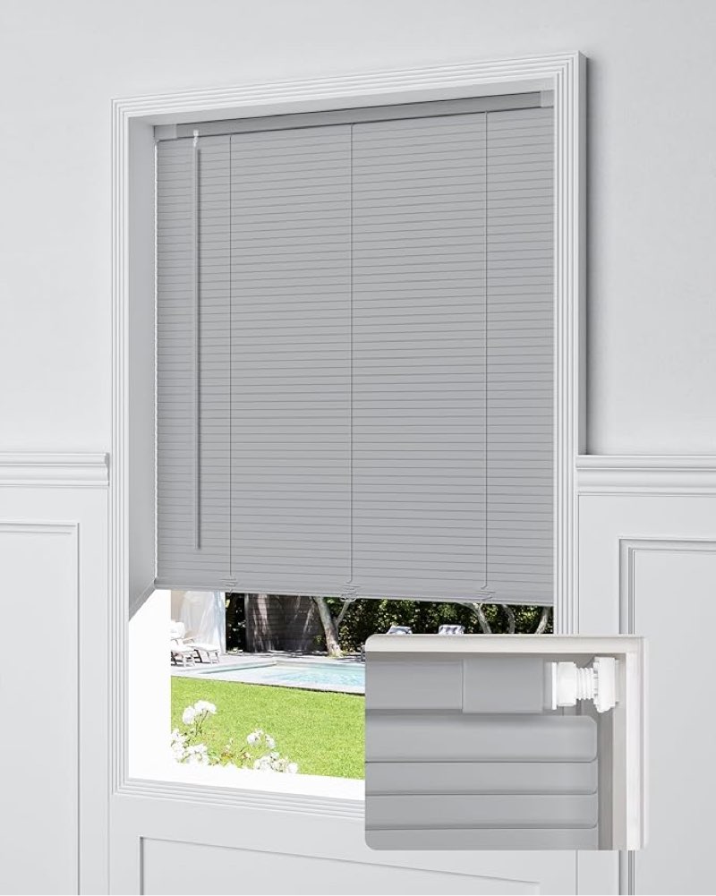 No Drill Blinds for Windows 1" Vinyl L-Shaped Slats Cordless Mini Blinds for Home, 22.5" W × 64" H Grey