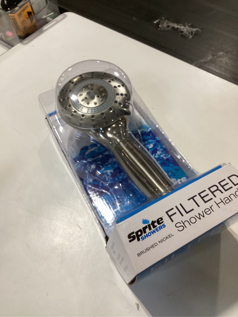 Condition photo showing As Is for sprite showers pure 7-setting filtered 1.75gpm shower handle in brushed nickel brushed nickel 1.75gpm
