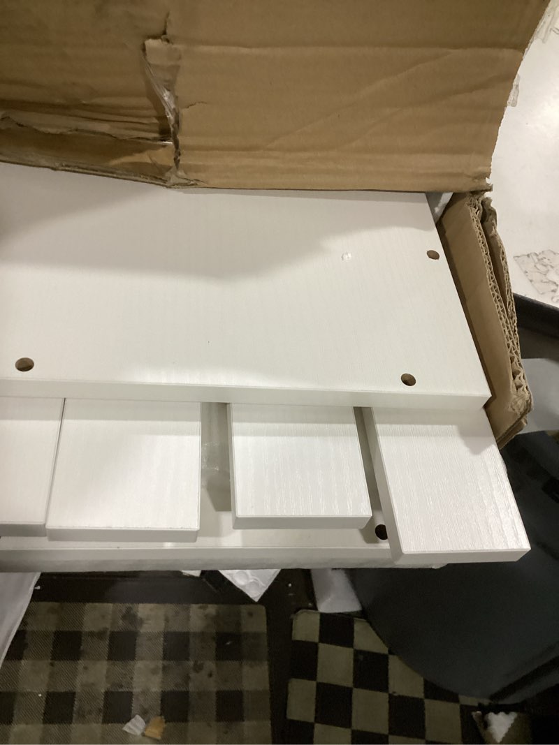 Condition photo showing As Is for allzone 4 tier over the toilet storage, adjustable wood over toilet bathroom organizer, freestanding shelves, fit most showers over the toilet shelf, 92 to 116 inch tall, white white 4-tier