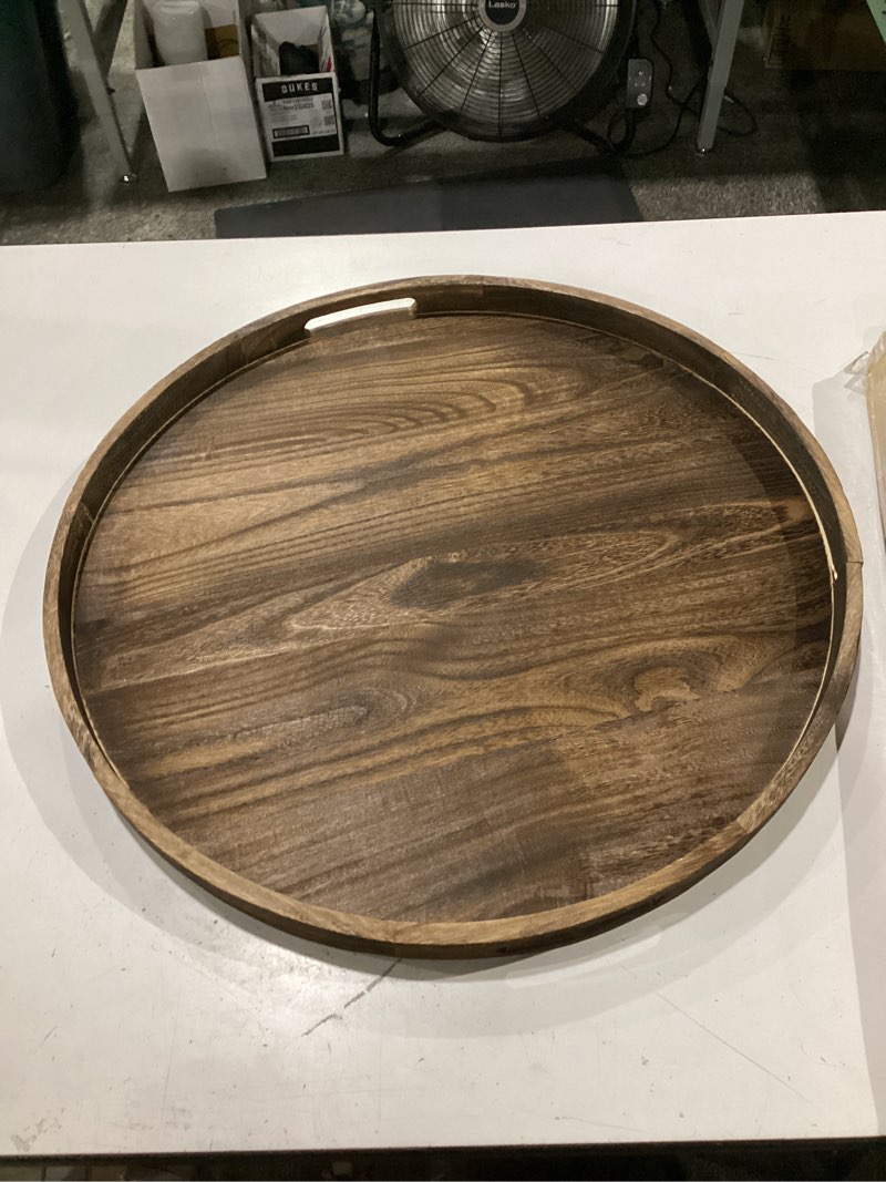 Condition photo showing Good Condition for 22 inch round wooden tray for decor large ottoman serving | rustic farmhouse decorative tray for coffee table centerpiece living room home decor 22"