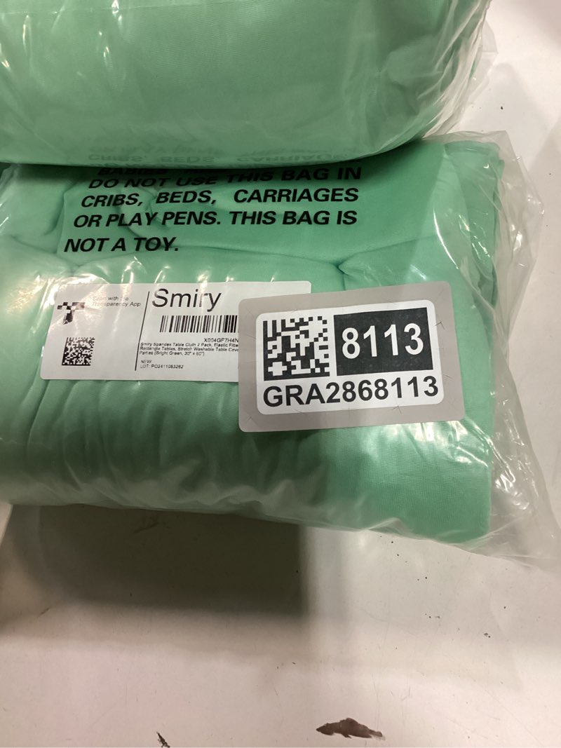 Condition photo showing New/Like New for Smiry 2 Pack Spandex Table Cloth 8FT, Elastic Fitted Stretch Tablecloths for Rectangle Tables, Washable Table Cover for Outdoor, Wedding, Banquet & Parties (Bright Green, 96Lx30Wx30H Inch) 30" x 96" Bright Green 2