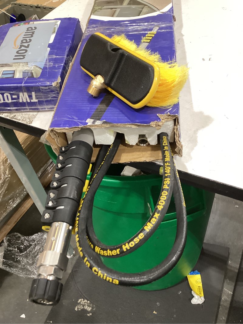 Condition photo showing Good Condition for 24 ft pressure washer telescoping wand with 3 extension wands | gutter cleaner attachment, 7 spray nozzle tips, 2 hose inlet adapters, pivoting coupler and support harness
