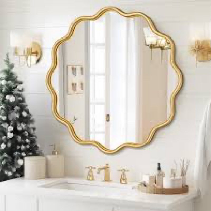 PROHOMEWARE Gold Round Mirror 30 Inch Wavy Bathroom Vanity Mirror Gold Frame Modern Wall Mirror Deco