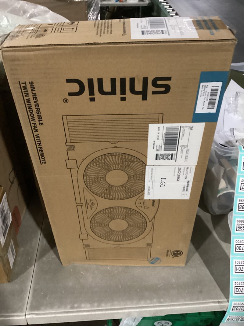 Condition photo showing New/Like New for shinic 9" twin window fan with reversible airflow, removable cover and bug screen, remote control, 3 functions-3 speeds, width adjustable (23.5" to 37"), bathroom kitchen window fan etl certified window fan with cover and bug screen white