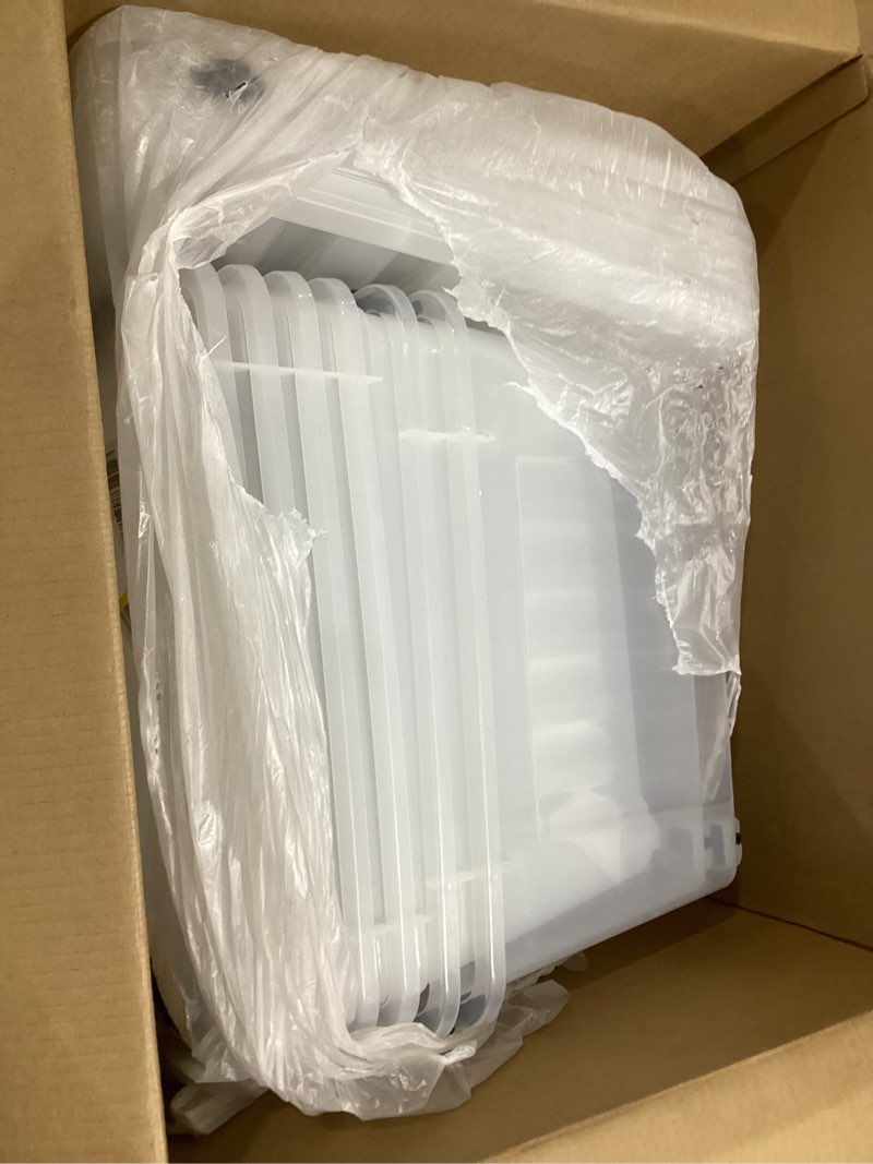 Condition photo showing Good Condition for IRIS USA 32 QT Plastic Storage Box with Lid and Latches - 6 Pack - BPA-Free, See-Through Organizing Solution, Durable Nestable Stackable Containers, Secure Pull Handle - Clear Clear 32 Qt 6 Pack