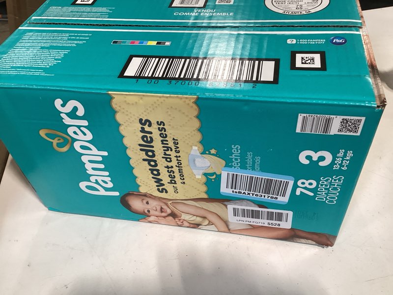 Condition photo showing New/Like New for pampers swaddlers diapers, size 3 (13-26 lbs), 78 count, absorbent, keeps baby dry and comfortable, skin safe disposable baby diaper size 3 78