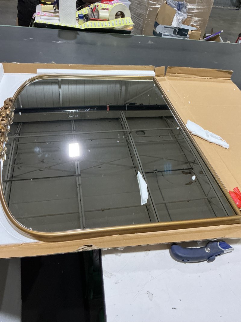 Condition photo showing New/Like New for vintage gold ornate baroque mirror - 36"x30" arched antique brass mirror with full metal frame - ideal for entryway, fireplace, living room, hallway or wall decor (upgrade tempered glass) 30"l x 36"w vintage horizontal