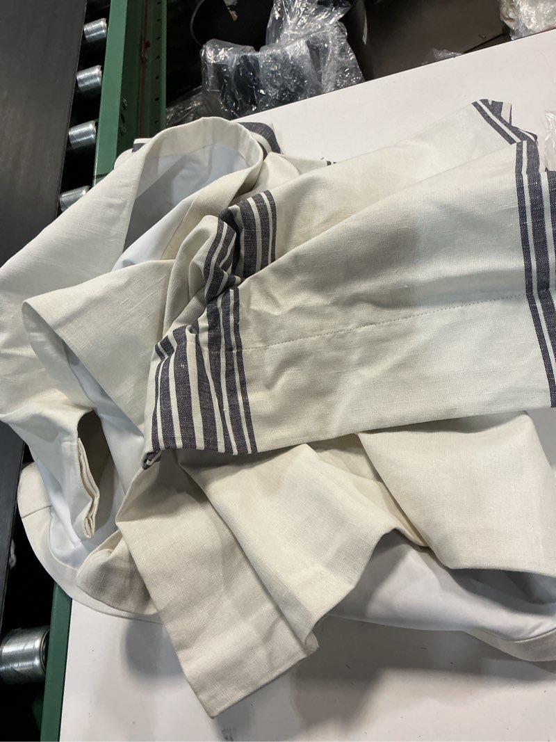 quince coastal stripe linen cotton room darkening curtisn single panel 48”x84” ivory/navy
