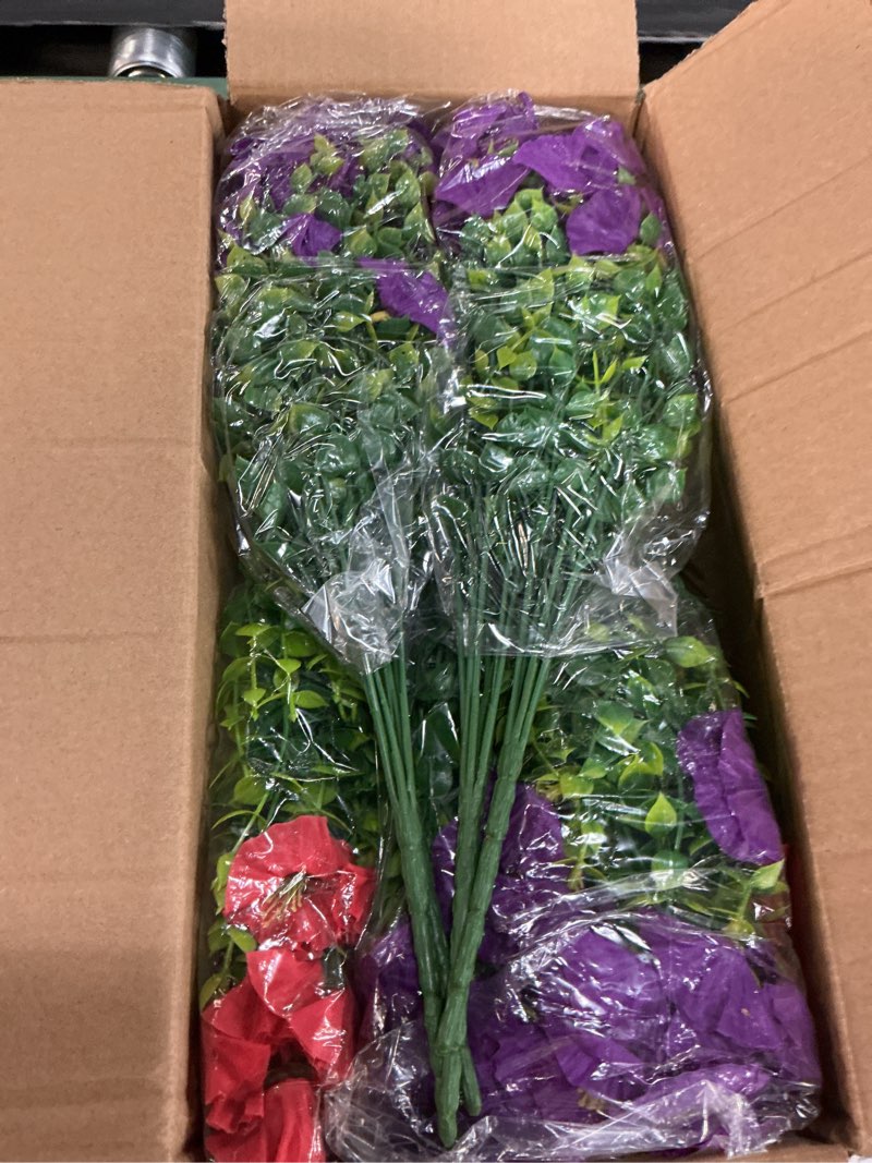 Condition photo showing New/Like New for artificial flowers for outdoors, 26 bundles fake outdoor flowers, uv resistant artificial outdoor plants & flowers for decoration, colorful morning glory for garden porch yard patio, mixed color a purple, rose red, white & yellow 26 bundles
