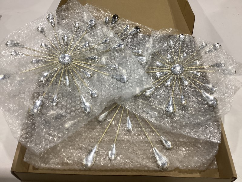 Condition photo showing New/Like New for hicarer 4 pcs starburst wall decor bling wall art crystal teardrop 3d hanging rhinestone radial metal artwork modern accent sculptures decorations for living room home office bedroom(gold)