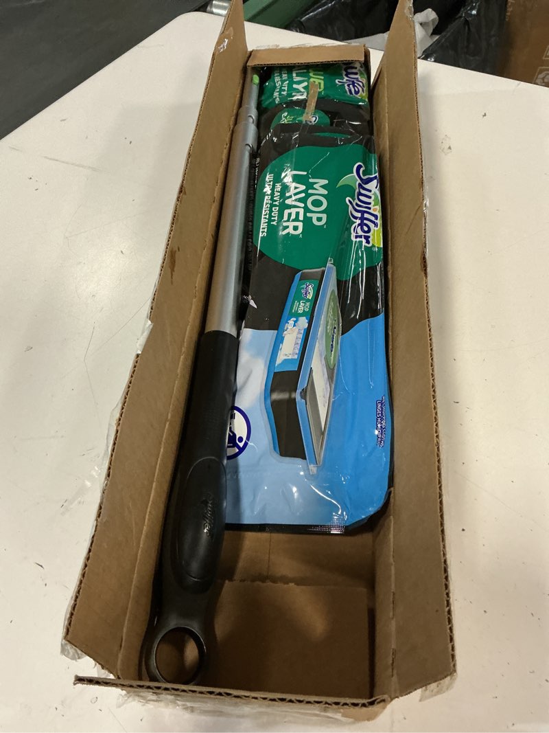 Condition photo showing Good Condition for swiffer sweep & mop deluxe 2-in-1 multi-surface kit for floor cleaning, includes 1 sweeper device, 5 dry sweeping + 6 wet mopping heavy duty cloths, black deluxe starter kit