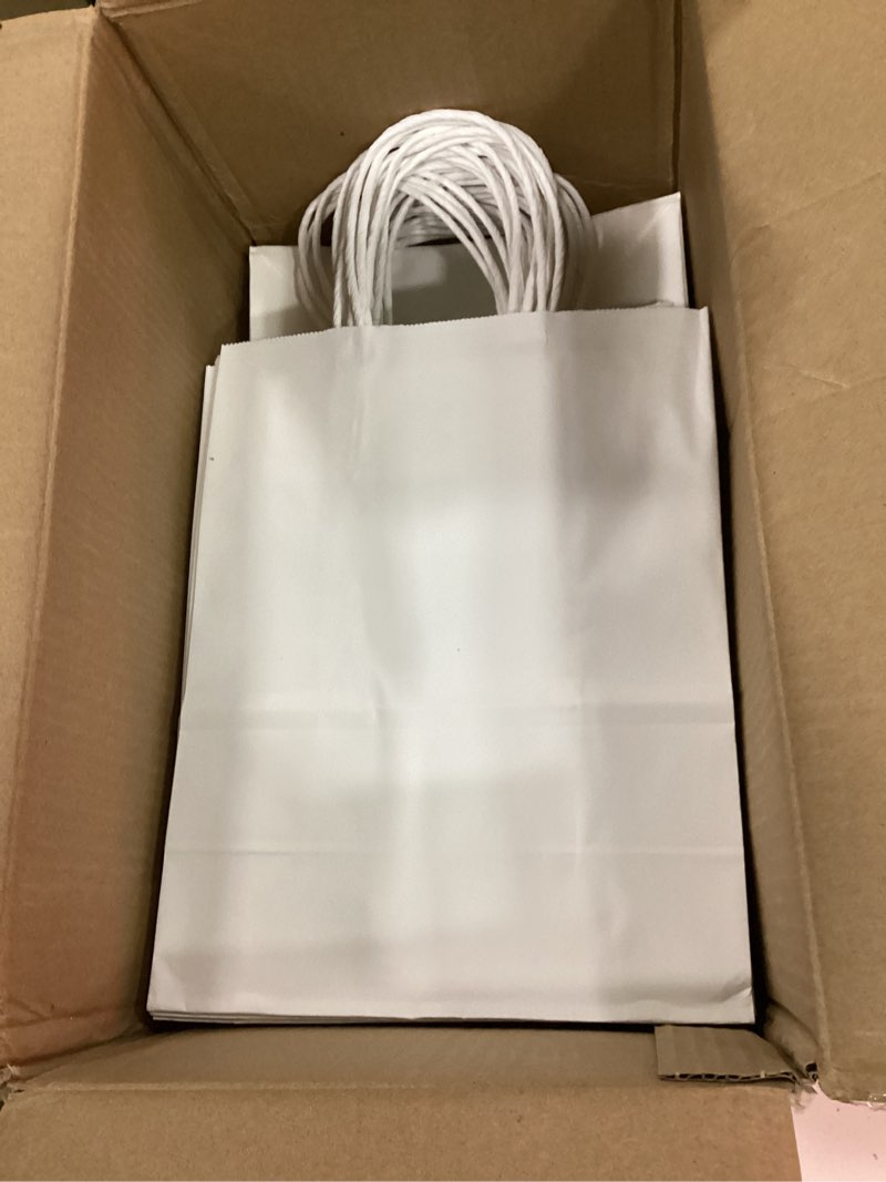 Condition photo showing As Is for bag box 100 pack 8.25x4.3x10.6 inch white gift bags with handles,bulk kraft paper bags for shopping, retail, merchandise, wedding, party favors, paper grocery sacks white 8.25 * 4.3 * 10.6 inch?pack of 100?