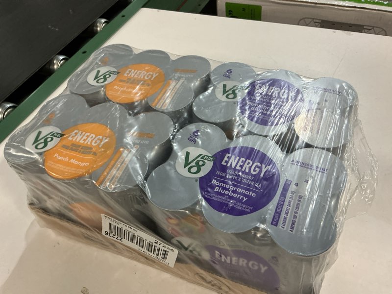Condition photo showing New/Like New for Exp sept/07/2025)V8 Energy Pomegranate Blueberry and Peach Mango Energy Drinks, 8 fl oz Can (24 Pack)