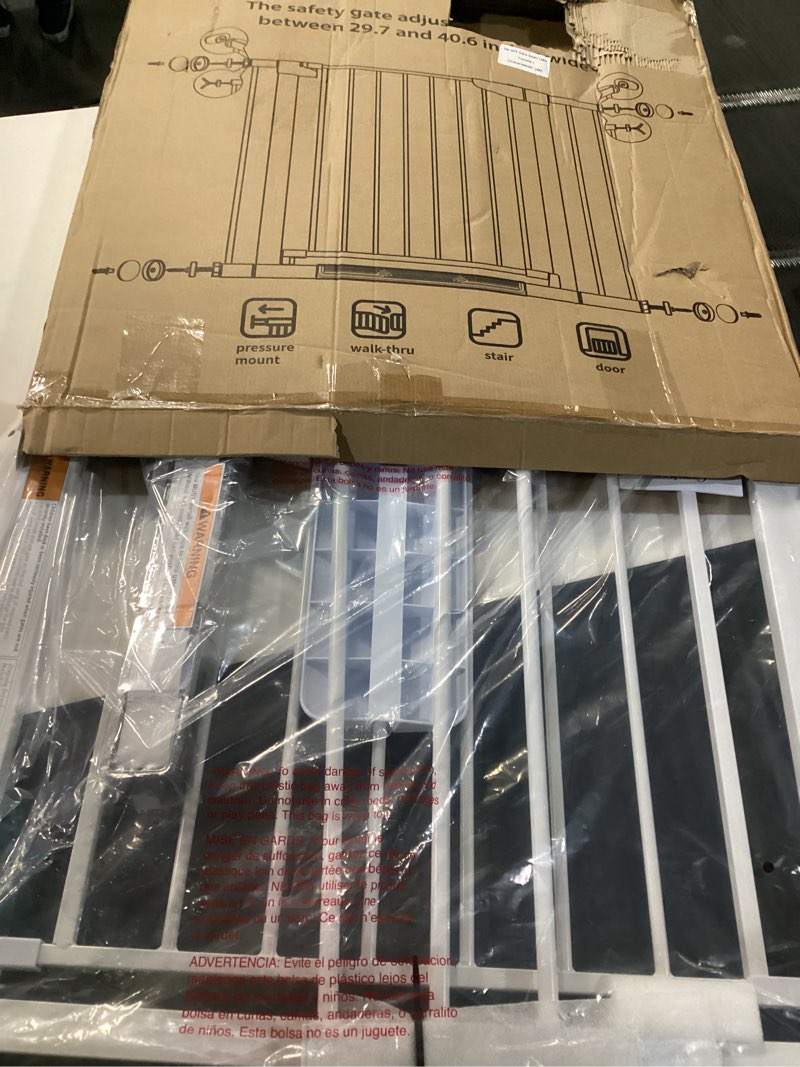 Condition photo showing New/Like New for cumbor 29.7-40.6" baby gate for stairs, mom's choice awards winner-dog gate for doorways, pressure mounted auto-close pet gates for dogs indoor, safety child gate with easy walk thru door, white white 29.7-40.6"w x 30.5"h
