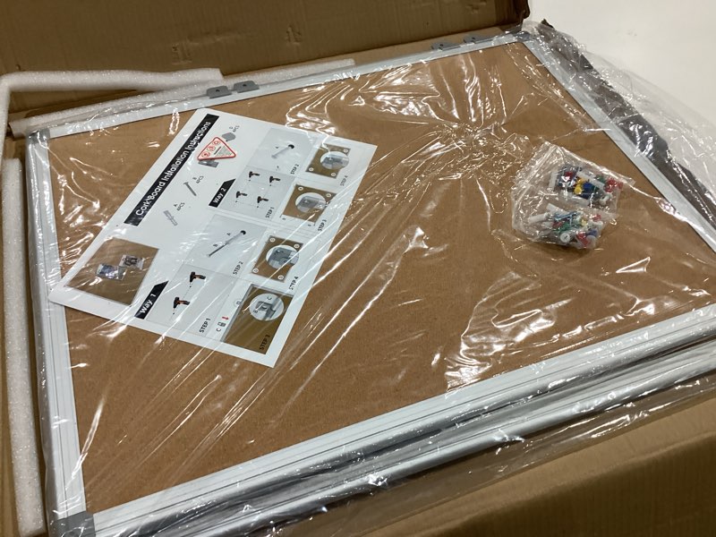 Condition photo showing New/Like New for board2by 2-pack cork board bulletin board 24 x 18, silver aluminium framed corkboard, office board for wall cork, large wall mounted notice pin board for home, office and school 2 pack 18" x 24"