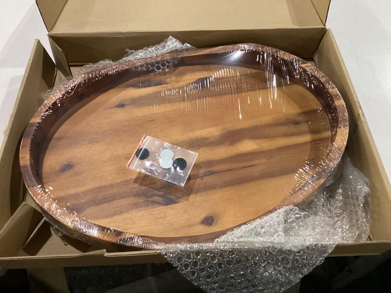 Condition photo showing New/Like New for tidita acacia wood ottoman tray with handles - 20" x 15" round - large oval serving trays for living room -wooden trays for decorative for kitchen counter, coffee table, breakfast in bed (acacia) acacia 20" x 15" x 2.2"