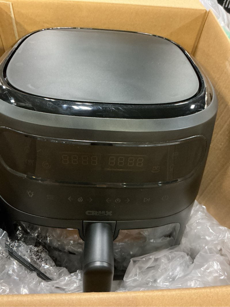 Condition photo showing As Is for CRUX x Marshmello 8.0 QT Digital Air Fryer with TurboCrisp Technology, Touch Screen Temperature Control, Timer and Auto Shut-off, Fully Programmable, Silicone Liner Included, Black 8 Quarts Black