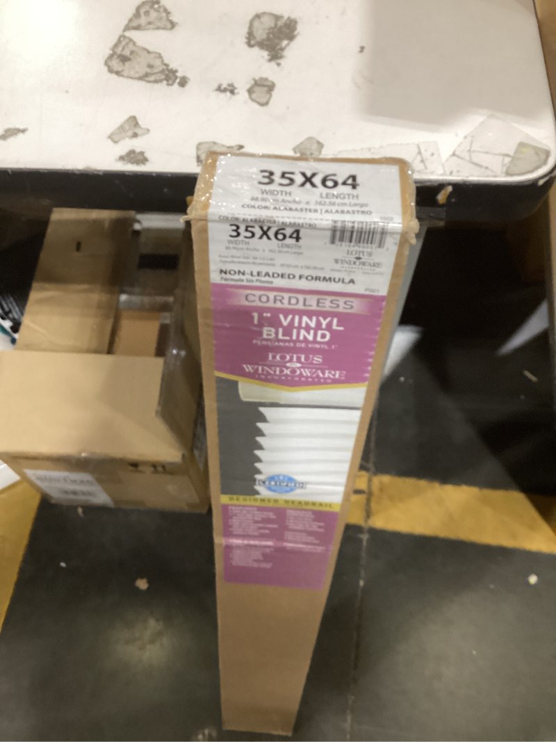 Condition photo showing New/Like New for LOTUS & WINDOWARE Cordless Mini Blind, 1" Vinyl Slats, 35" Wide x 64" Long - Alabaster, Window Blinds for Home and Office, Interior Door Blinds - Light Filtering 35"W x 64"H Alabaster