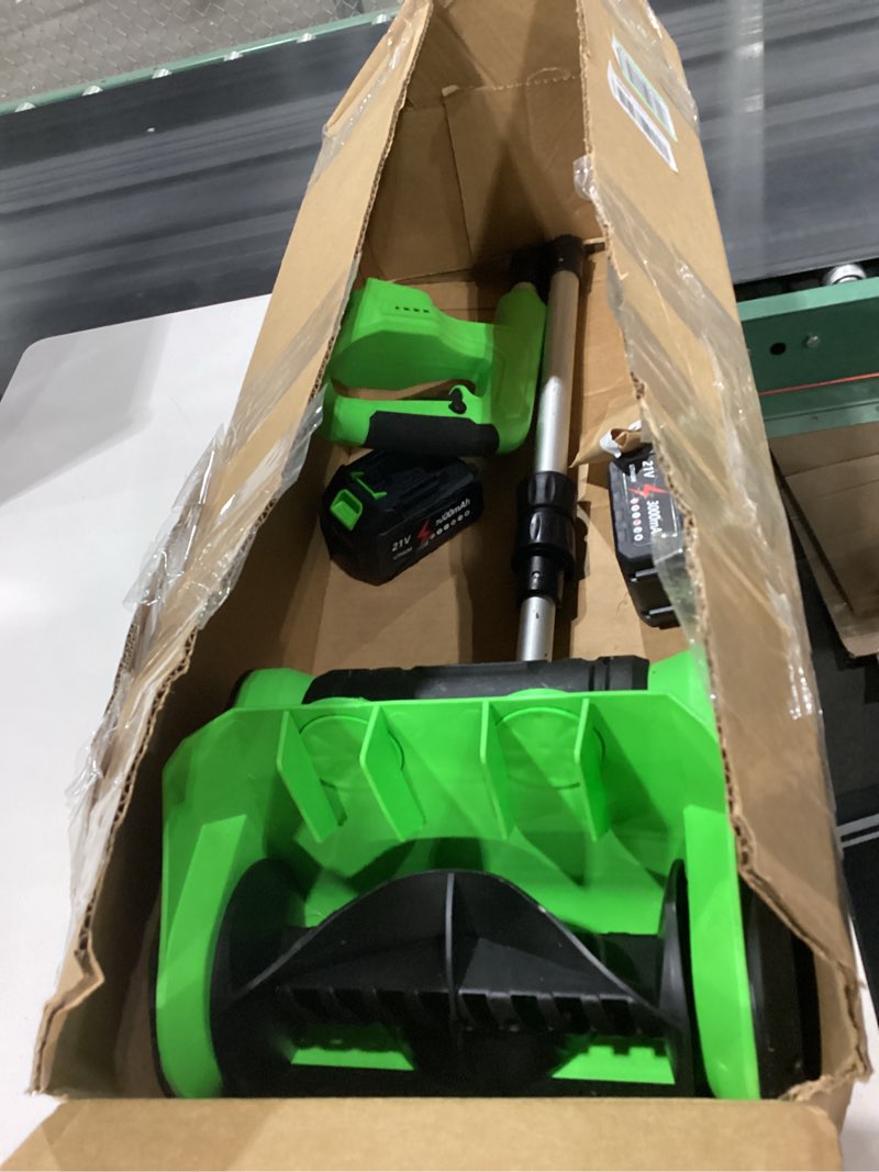 Condition photo showing Good Condition for used degge electric cordless snow shovel, 2x 3.0ah/ 21v/ 12-inch battery snow blower with directional plate & adjustable front handle, snow removal for driveway sidewalk, steps, patio (charger included) blue