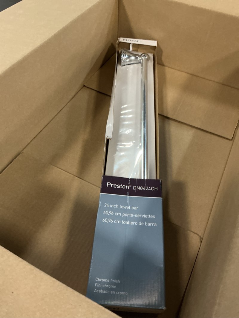 Condition photo showing New/Like New for moen preston collection chrome 24-inch single bathroom towel bar, wall mounted hanger for bath or kitchen, dn8424ch chrome 24 inch 24" towel bar