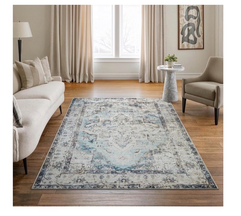 Washable cream blue area rug, size unknown 