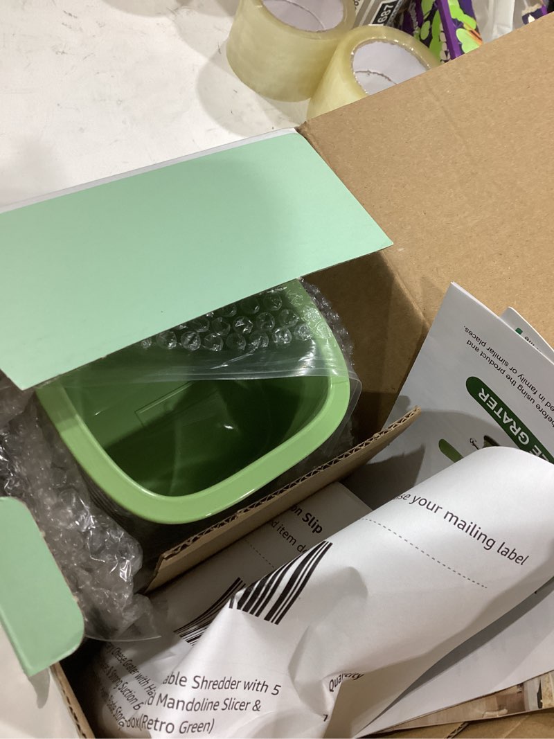 Condition photo showing Good Condition for SUSTEAS Rotary Cheese Grater with Handle - Vegetable Shredder with 5 Well-designed Blades & Strong Suction Base,Round Mandoline Slicer & Food Chopper for Kitchen,with Blade Storage Box(Retro Green)