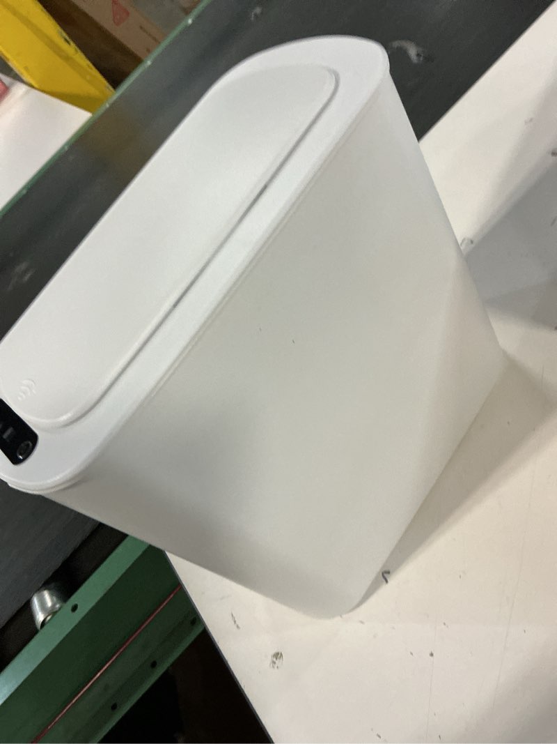Condition photo showing As Is for Cesun Automatic Motion Sensor Bathroom Trash Can with Lid, 2.6 Gallon Touchless Trash Bin, Smart Plastic Slim Garbage Can Small White Wastebasket for Toilet, Office, rv, Bedroom, Living Room