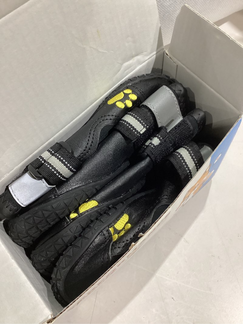 Condition photo showing Good Condition for QUMY Dog Shoes for Large Dogs, Medium Dog Boots & Paw Protectors for Winter Snowy Day, Summer Hot Pavement, Water-Resistant in Rainy Weather, Outdoor Walking, Indoor Hardfloors Skid-Resistant Sole Black Size 8: 3.0''x3.3"(W*L) (Pack of 4)