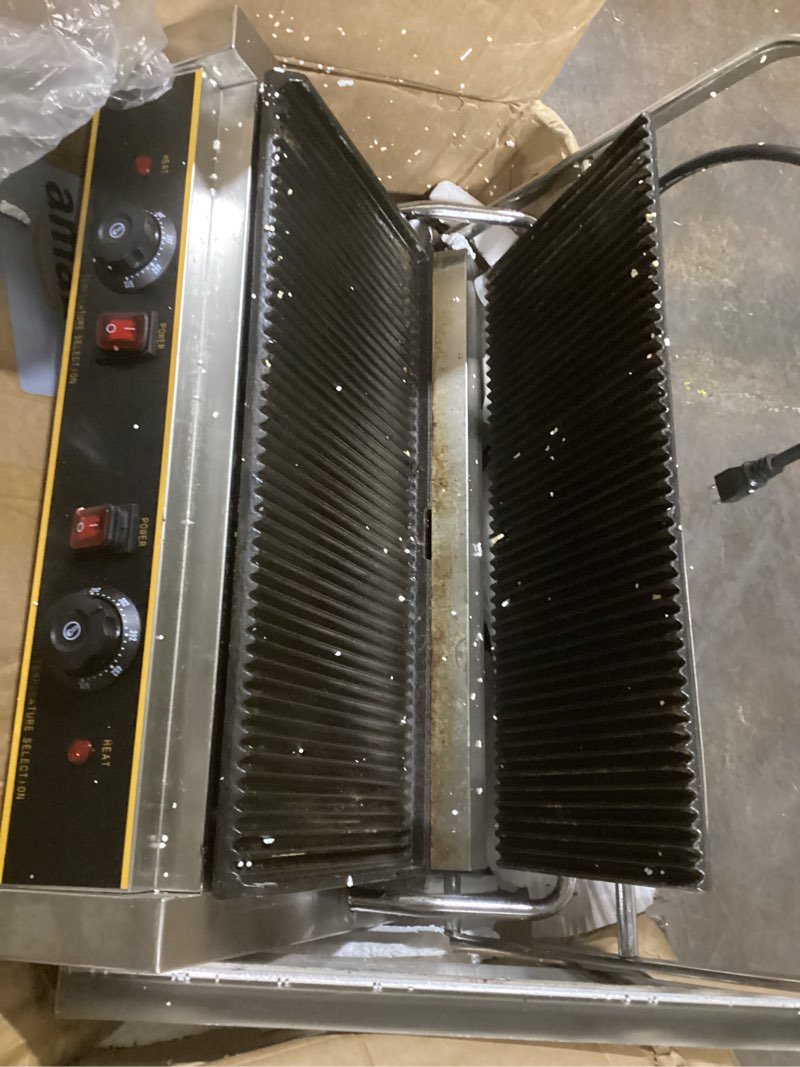 Condition photo showing As Is for commercial panini press - 3600w electric sandwich maker, stainless steel panini grill w/dual independent temp controls, 19"x9" non-stick grooved plates for hamburger & steak - restaurant use 19'' * 9'' large plate