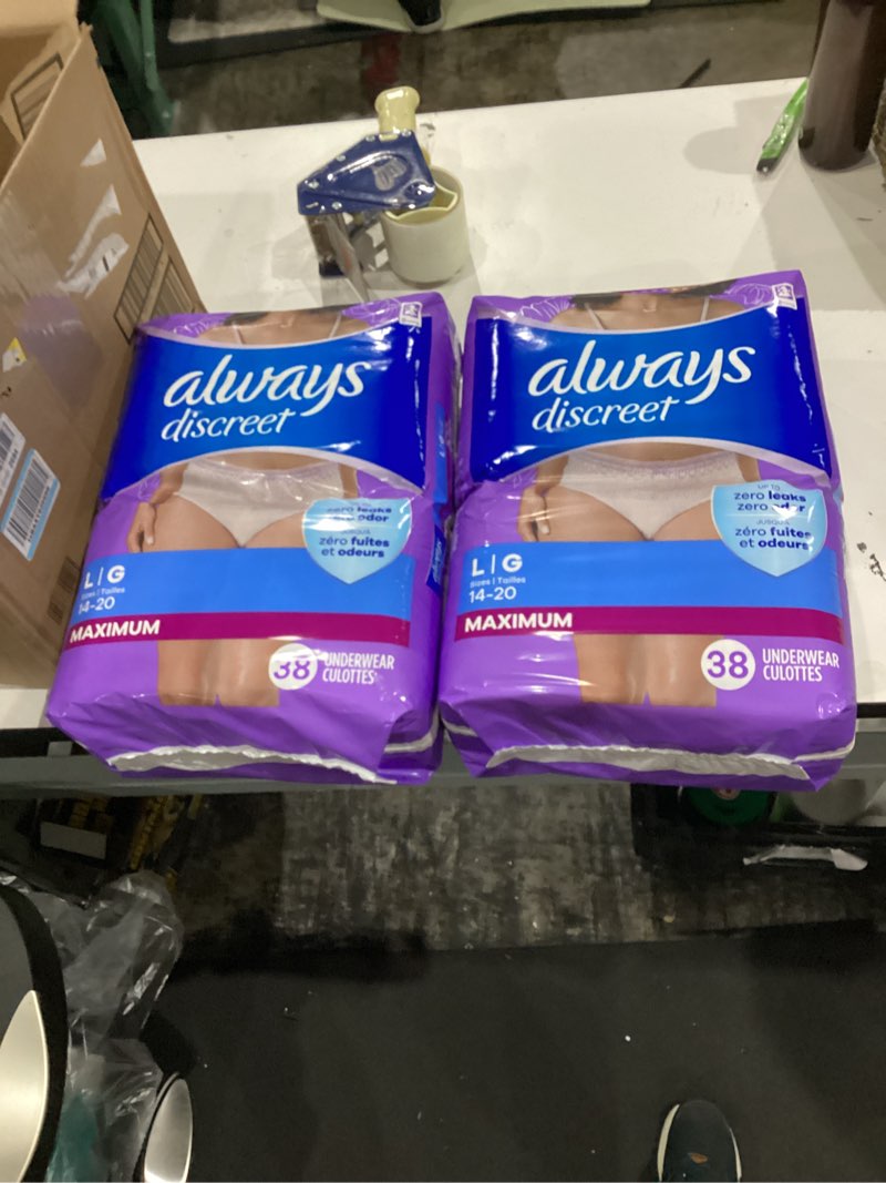 Condition photo showing New/Like New for always discreet adult diapers for women, incontinence underwear, postpartum essentials, disposable briefs, max absorbency, bladder leak protection, large, 76ct