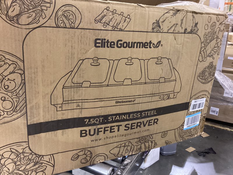 Condition photo showing As Is for Elite Gourmet EWM-6171 Triple 3 x 2.5 Qt. Trays, Buffet Server, Food Warmer Temperature Control, Clear Slotted Lids, Perfect for Parties, Entertaining & Holidays, 7.5 Qt Total, Stainless Steel 7.5 Quart