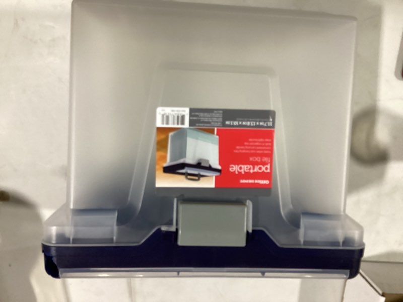 Condition photo showing As Is for (cracked) office depot large mobile file box, letter size, 11 5/8in.h x 13 3/6in.w x 10in.d, clear/blue, 110988
