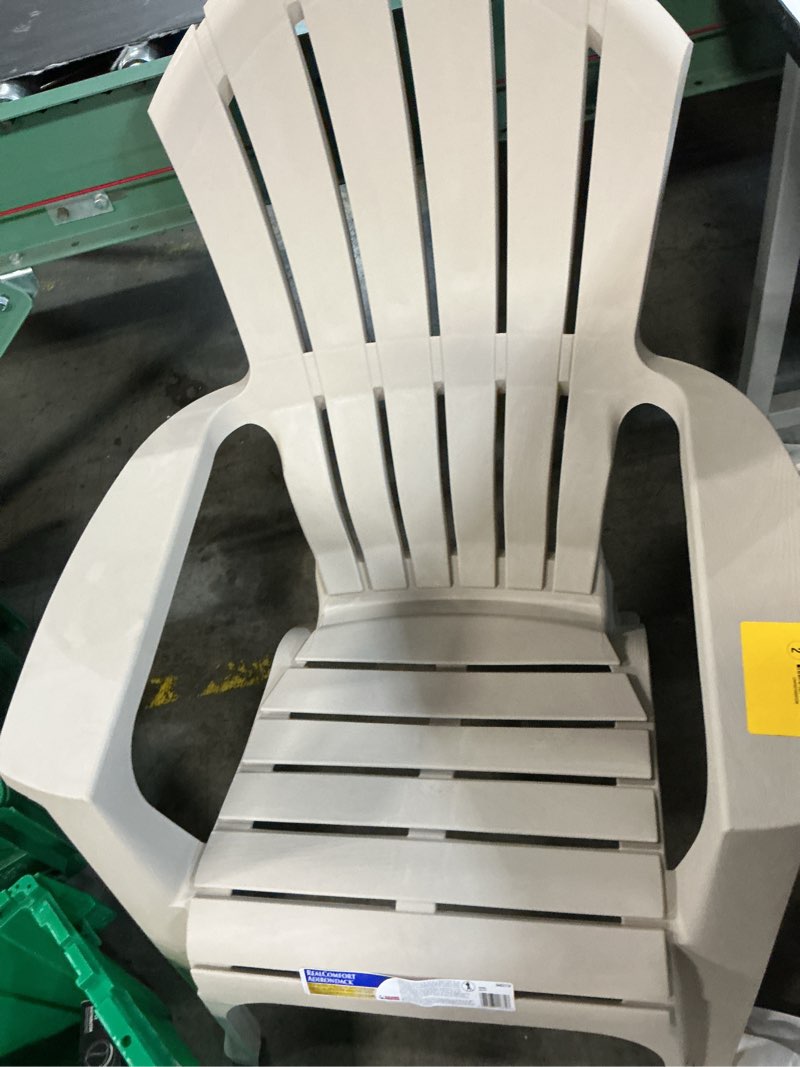 Condition photo showing As Is for adams patio stackable taupe plastic frame stationary adirondack chair with slat seat