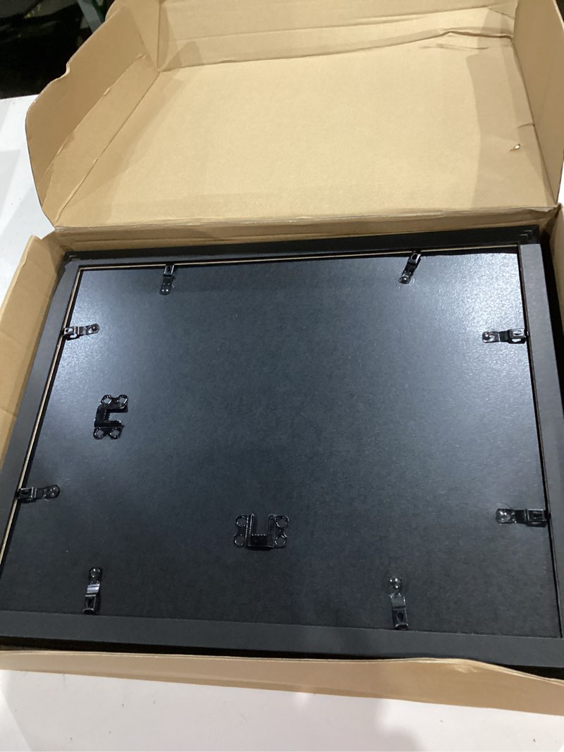Condition photo showing As Is for 11x14 picture frame set of 4, high definition real glass, display pictures 8x10 with mat or 11x14 without mat, gallery wall hanging photo frames, black black 11x14 in