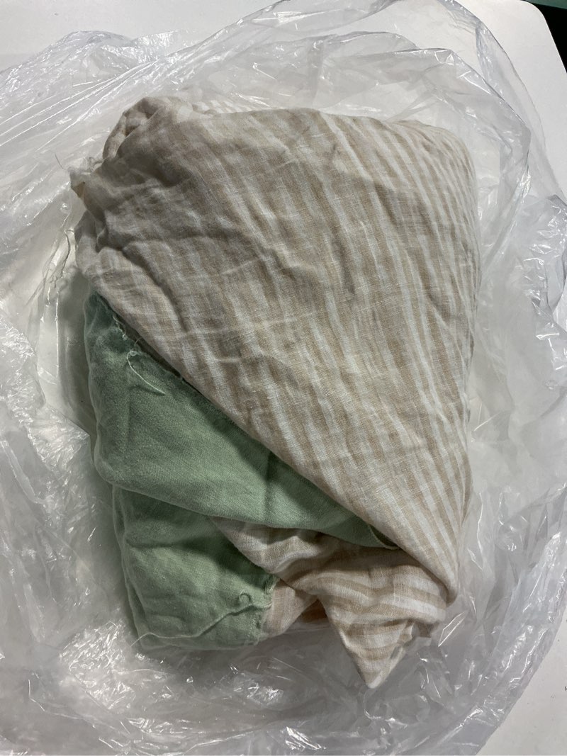 Condition photo showing As Is for european linen fitted sheet set, full, natural/white stripe