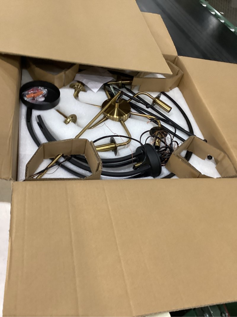 Condition photo showing Good Condition for 6-light black and gold drum chandelier, 21" brushed brass modern farmhouse pendant lighting fixture for kitchen island, dining & living room black & gold