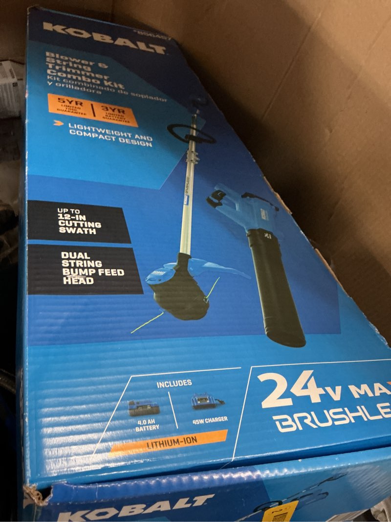 Condition photo showing As Is for kobalt 24-volt cordless battery string trimmer and leaf blower combo kit 4 ah (battery & charger included)