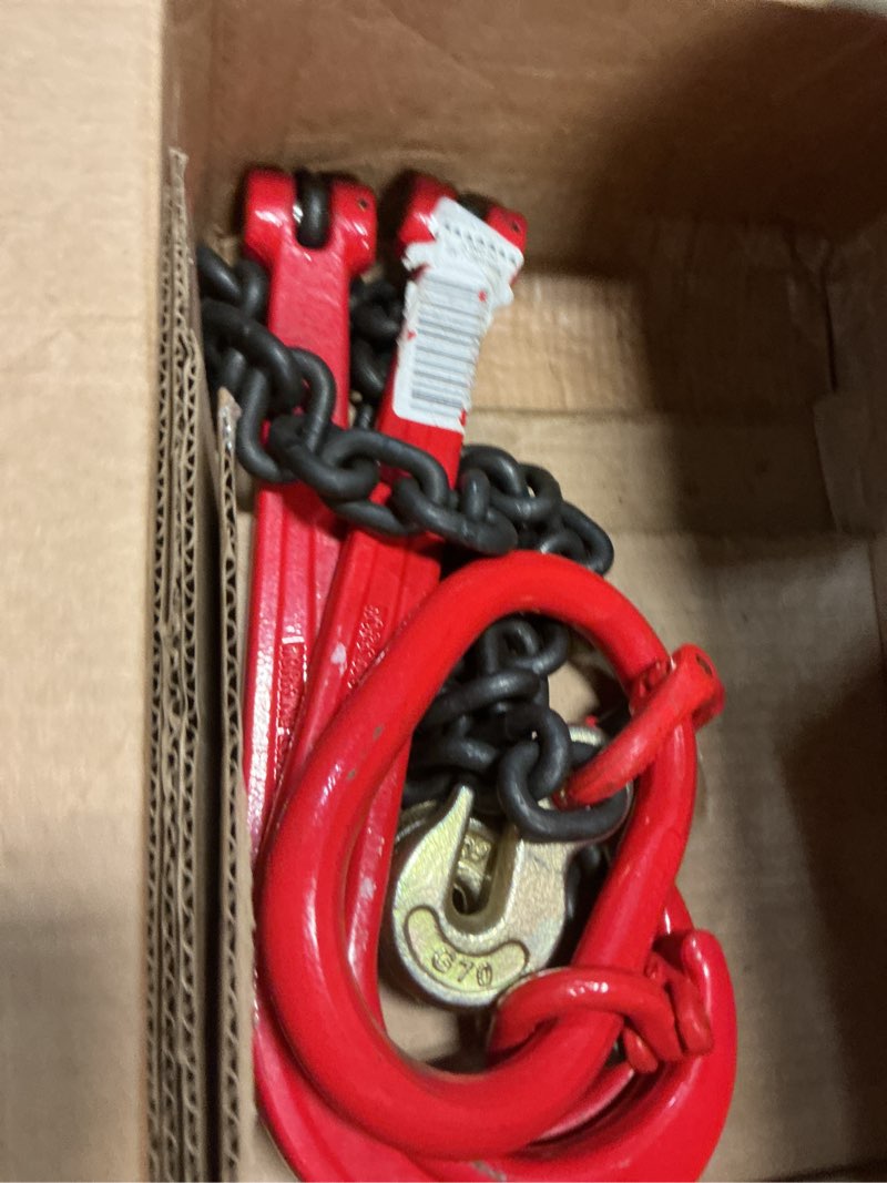 Condition photo showing As Is for 3/8" grade 80 v-type transport tow chain w/15 j-hooks 2ft long shank legs for flatbed truck tie trailer tractor car wrecker tow chain,7100lbs work load limit,g80 steel towing bridle,black+red 3/8'' x 2'/j-hook-bkrd