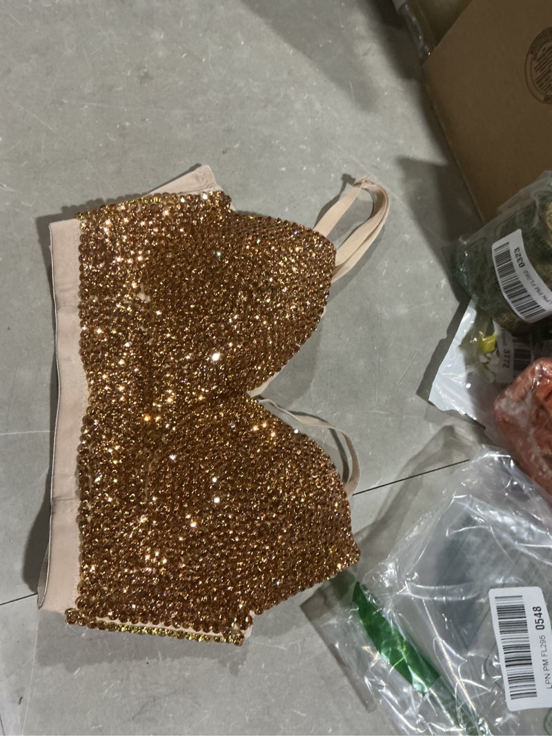 Condition photo showing As Is for women's bustier crop top mesh corset top push up rhinestone diamond bra club party vest medium #2 beige