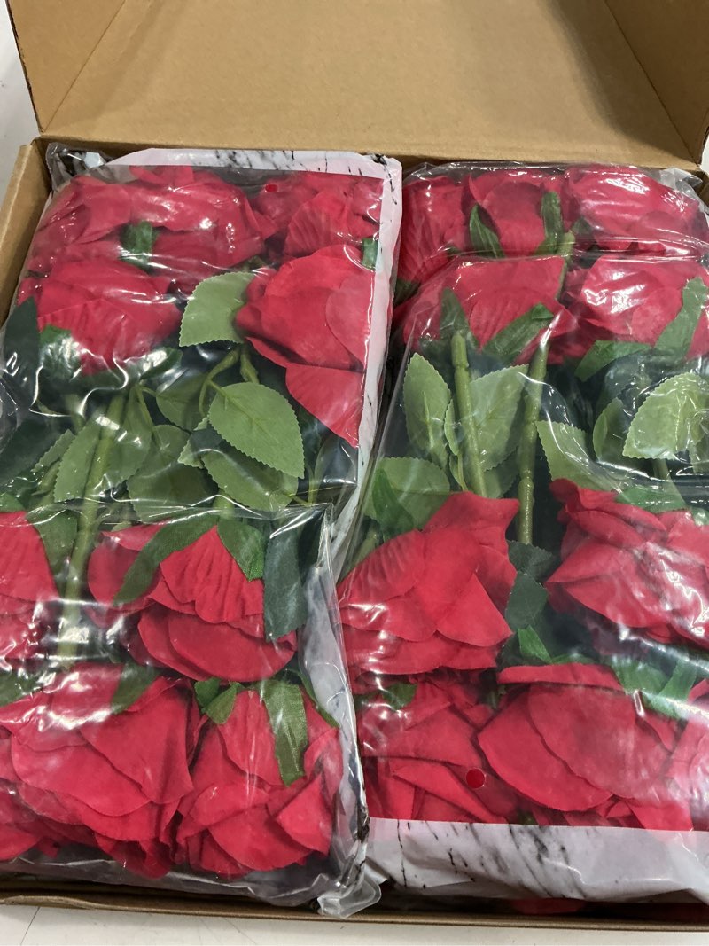 Condition photo showing New/Like New for luyue 40pcs red roses artificial flowers - long stem fake roses bouquet silk red flowers artificial rose for wedding centerpiece home decor & valentines floral arrangement red 40