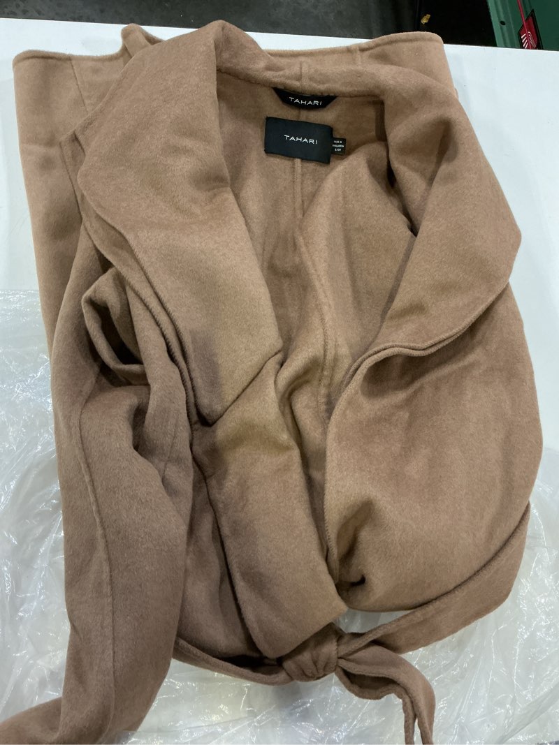 Condition photo showing New/Like New for tahari women's slim fit double-faced soft wool blend wrap coat with tie belt – long wool coat small brown